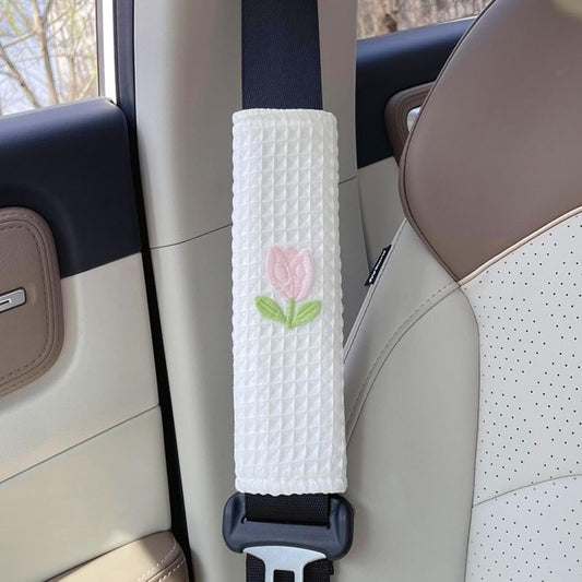 Cute Flowers Car Seat Belt Cover, Soft Seatbelt Cushion Pads, Shoulder Strap Protector, Car Accessories, Four Seasons Universal (4, Tulip)