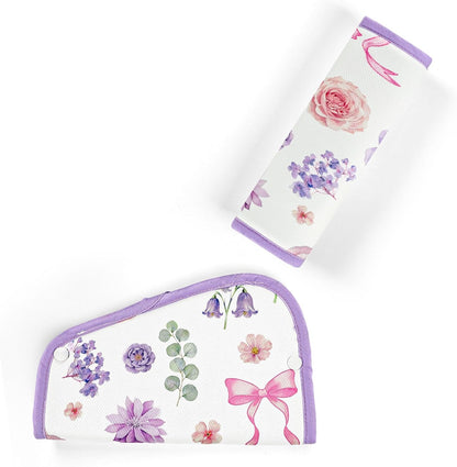 Kids Seat Belt Cover Pads, Pea Pod Children Universal Shoulder & Belly Protective Padding, Breathable Car Seat Strap Cushion Covers for Boys Girls (Floral&Bows)