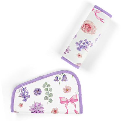 Kids Seat Belt Cover Pads, Pea Pod Children Universal Shoulder & Belly Protective Padding, Breathable Car Seat Strap Cushion Covers for Boys Girls (Floral&Bows)