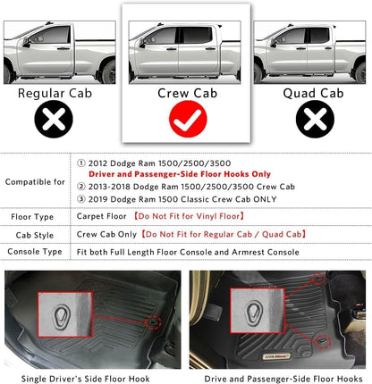 YITAMOTOR Floor Mats Fit for 2013-2018 Dodge Ram 1500/2500/3500 Crew Cab, 2019-2024 Ram 1500 Classic Crew Cab 1st & 2nd Row All Weather Heavy Duty Floor Liners Black