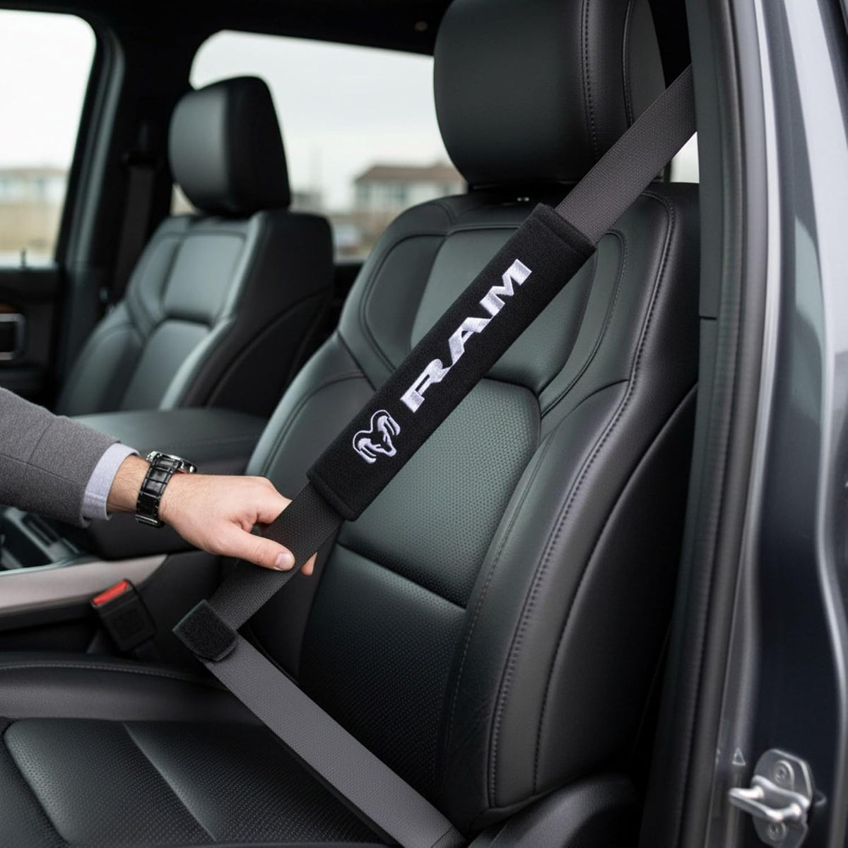 RAM Trucks Seat Belt Covers 2-Pack – Embroidered Logo Padded Shoulder Protectors 3" x 10" Black