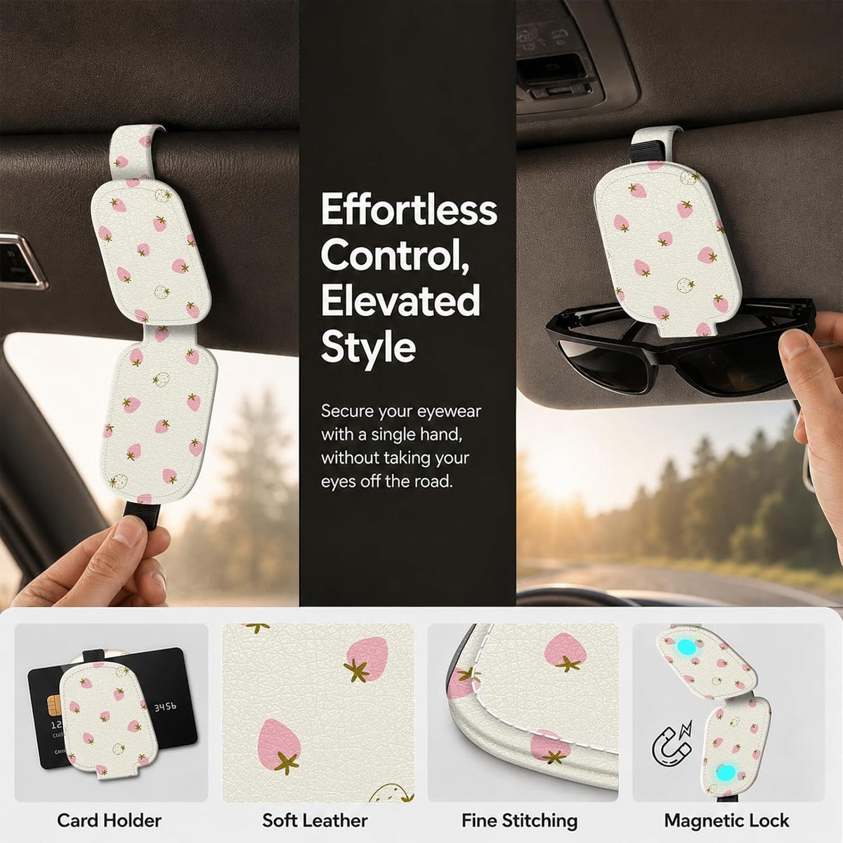 Sunglasses Holder for Car Visor, PU Leather Glasses Clip Organizer, Cute Magnetic Eyeglass Holder for Vehicle Sun Visor, Car Interior Accessory for Women & Men, Tiny Strawberries