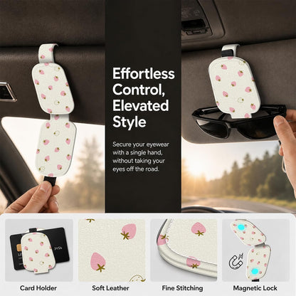 Sunglasses Holder for Car Visor, PU Leather Glasses Clip Organizer, Cute Magnetic Eyeglass Holder for Vehicle Sun Visor, Car Interior Accessory for Women & Men, Tiny Strawberries