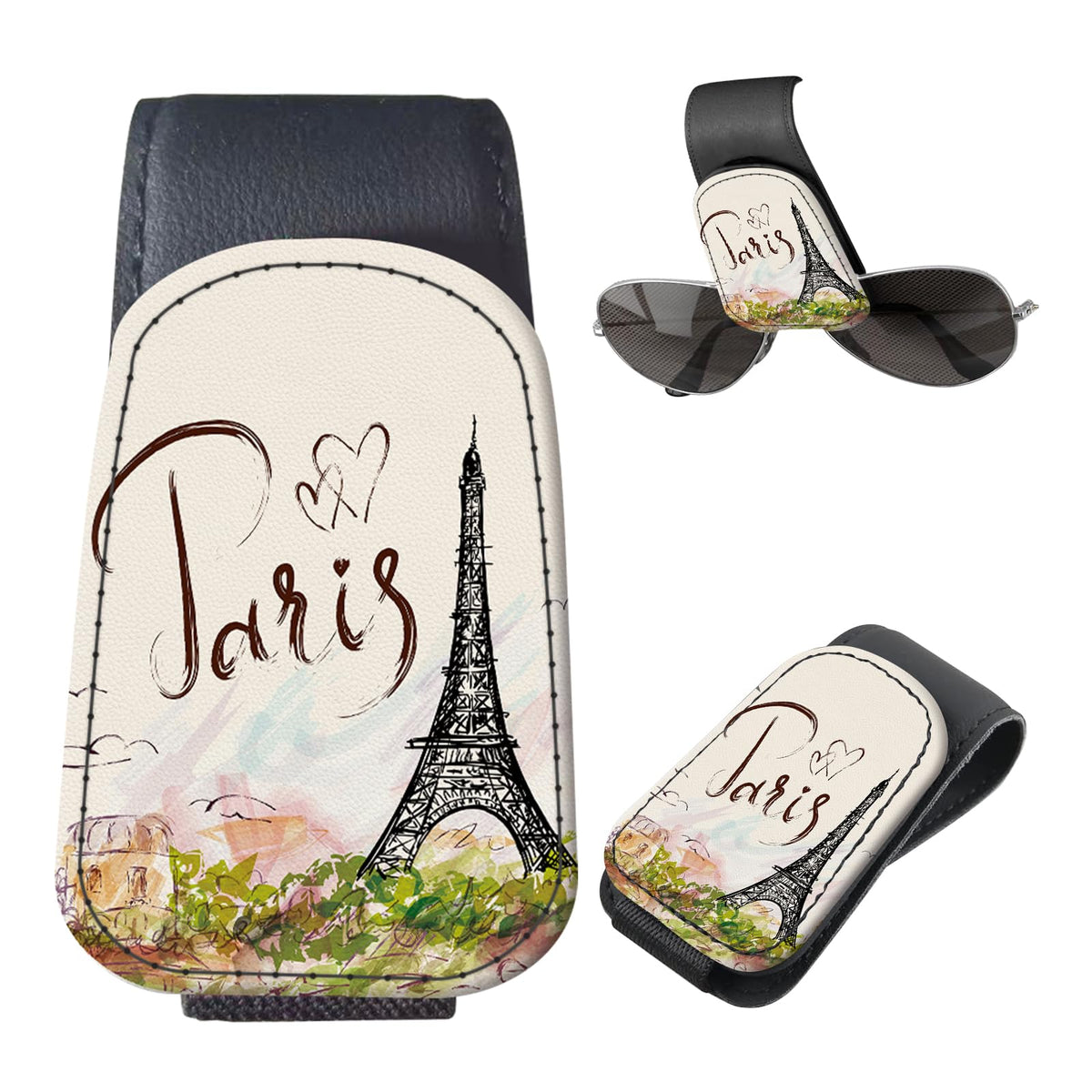 Sunglasses Holder for Car Visor, PU Leather Glasses Clip Organizer, Cute Magnetic Eyeglass Holder for Vehicle Sun Visor, Car Interior Accessory for Women & Men Pastel Cat Stack
