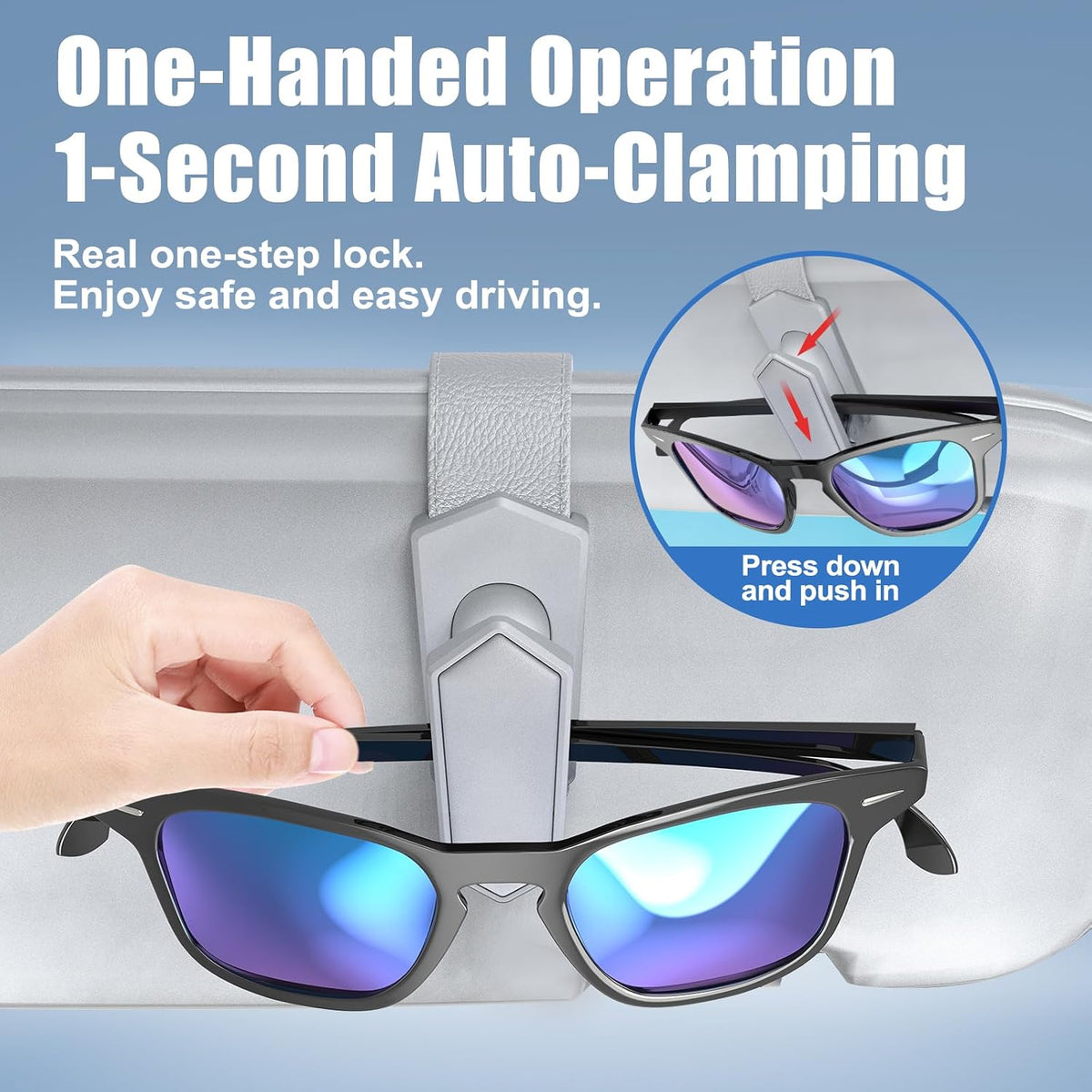 Veharvim One-Handed-Operation Sunglasses Holder for Car, Visor Sunglass Holder Clip, Car Accessories Interior, Universal Fit Silicone Padded Visor Sunglass Holder Car, Unmatched Durability (2 Pack)