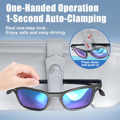 Veharvim One-Handed-Operation Sunglasses Holder for Car, Visor Sunglass Holder Clip, Car Accessories Interior, Universal Fit Silicone Padded Visor Sunglass Holder Car, Unmatched Durability (2 Pack)