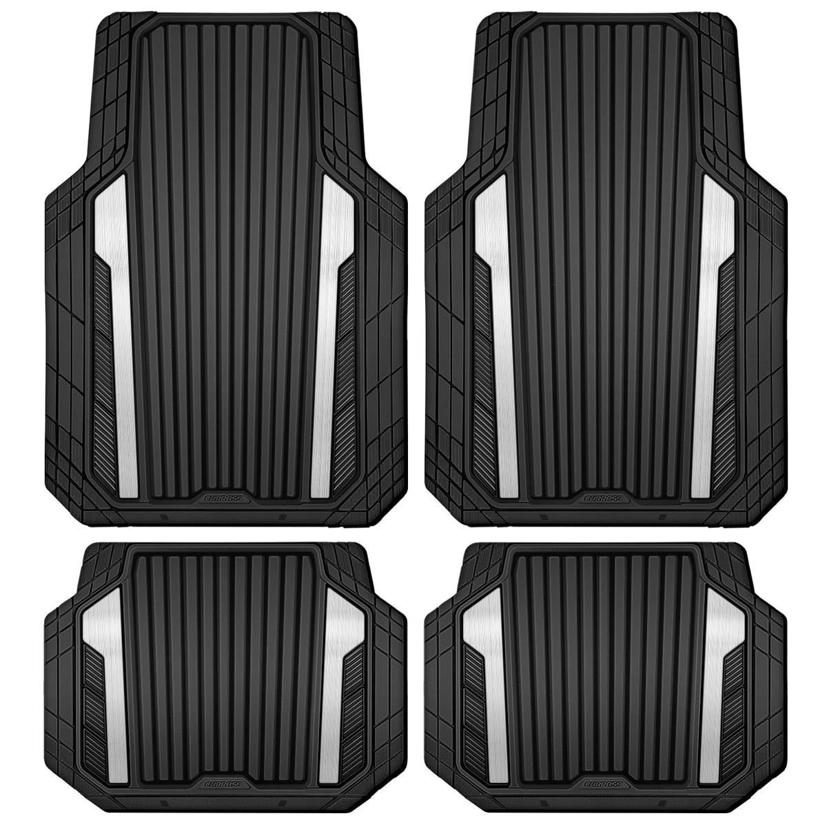 CAR PASS Heavy Duty Rubber Car Mats Metallic,Aluminum Film All Weather Floor Mats Waterproof Universal Trim to Fit Automotive SUV Sedan Van 4 Piece Anodized Deep Dish Two-Tone Sporty Black Blue Chrome