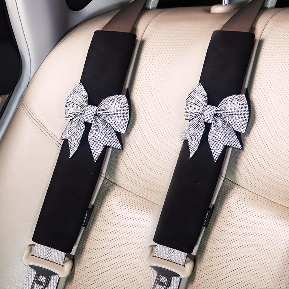 Carwales Bowknot Car Seat Belt Cover Bow Seatbelt Cushion for Shoulder, Seat Strap Pads for Women Girls Rhinestone Bling Accessories Bow Interior Auto 2 Pack Black