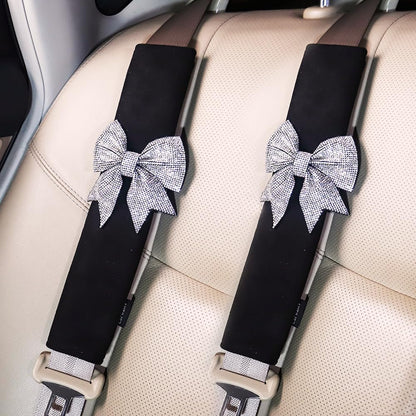 Carwales Bowknot Car Seat Belt Cover Bow Seatbelt Cushion for Shoulder, Seat Strap Pads for Women Girls Rhinestone Bling Accessories Bow Interior Auto 2 Pack Black