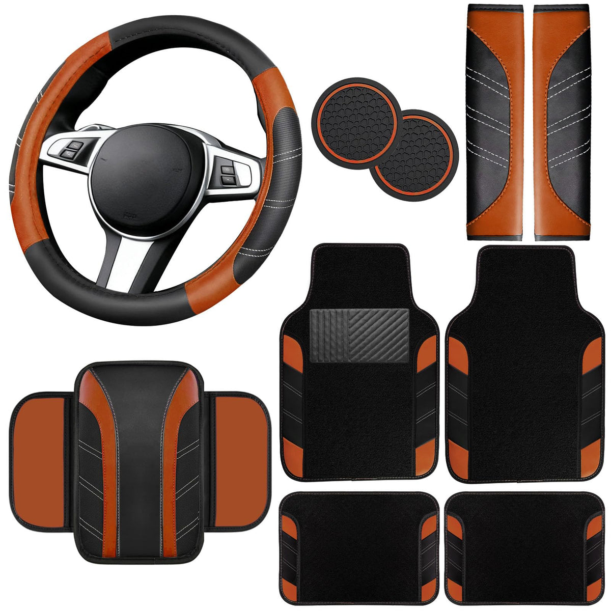 NBTEPEM 6 Pcs Pink Steering Wheel Cover Set, Sport Microfiber Leather Steering Wheel Cover 14.5-15inch Universal, Car Center Console Cover, Seat Belt Cushion, Cup Coasters, Pink Car Accessories Set