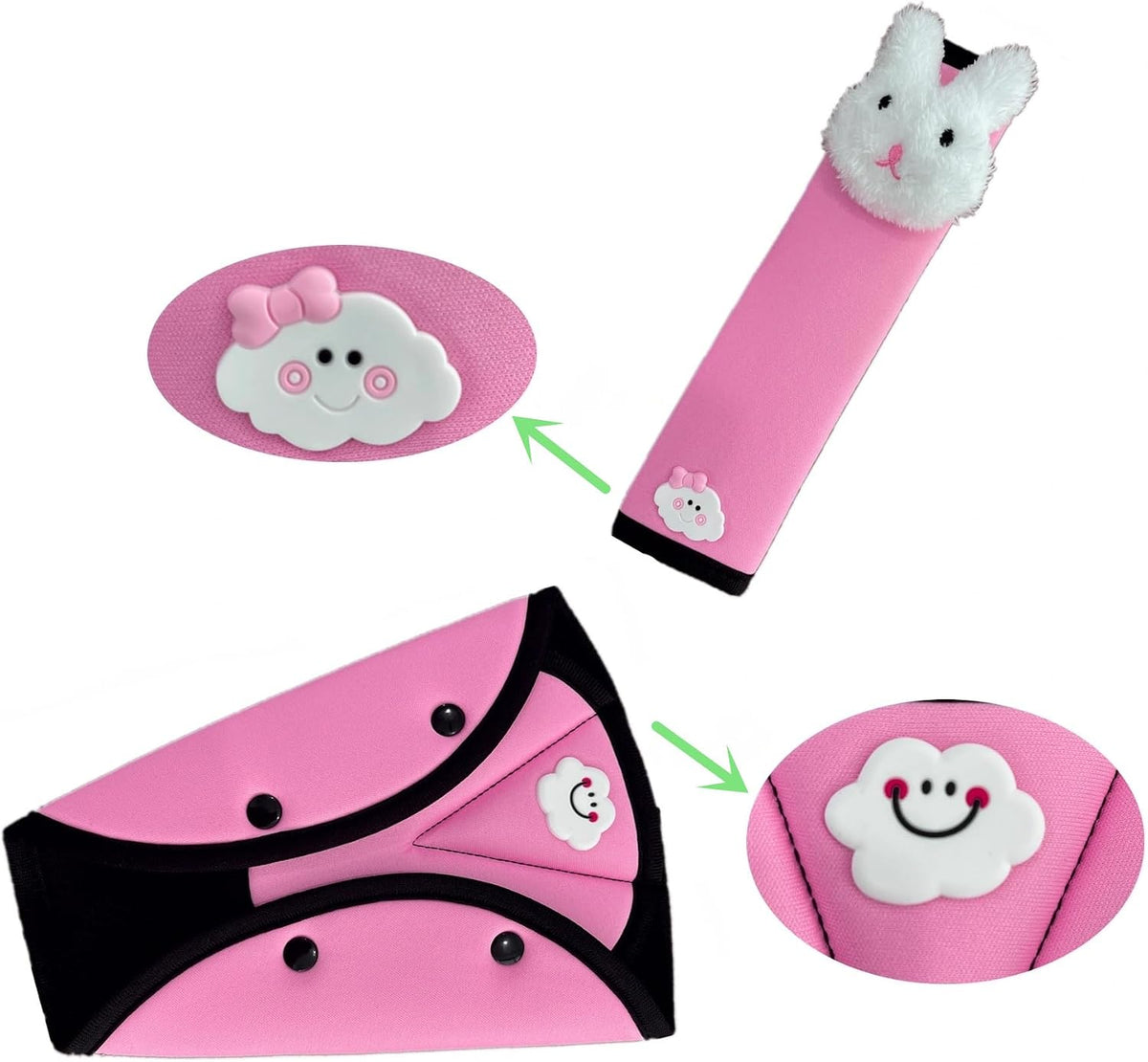 Seat Belt Cover for Kids Adults, Shoulder & Belly Comfort Pad for Boys Girls, Soft Breathable Hypoallergenic, Plush 3D Rabbit, Pink