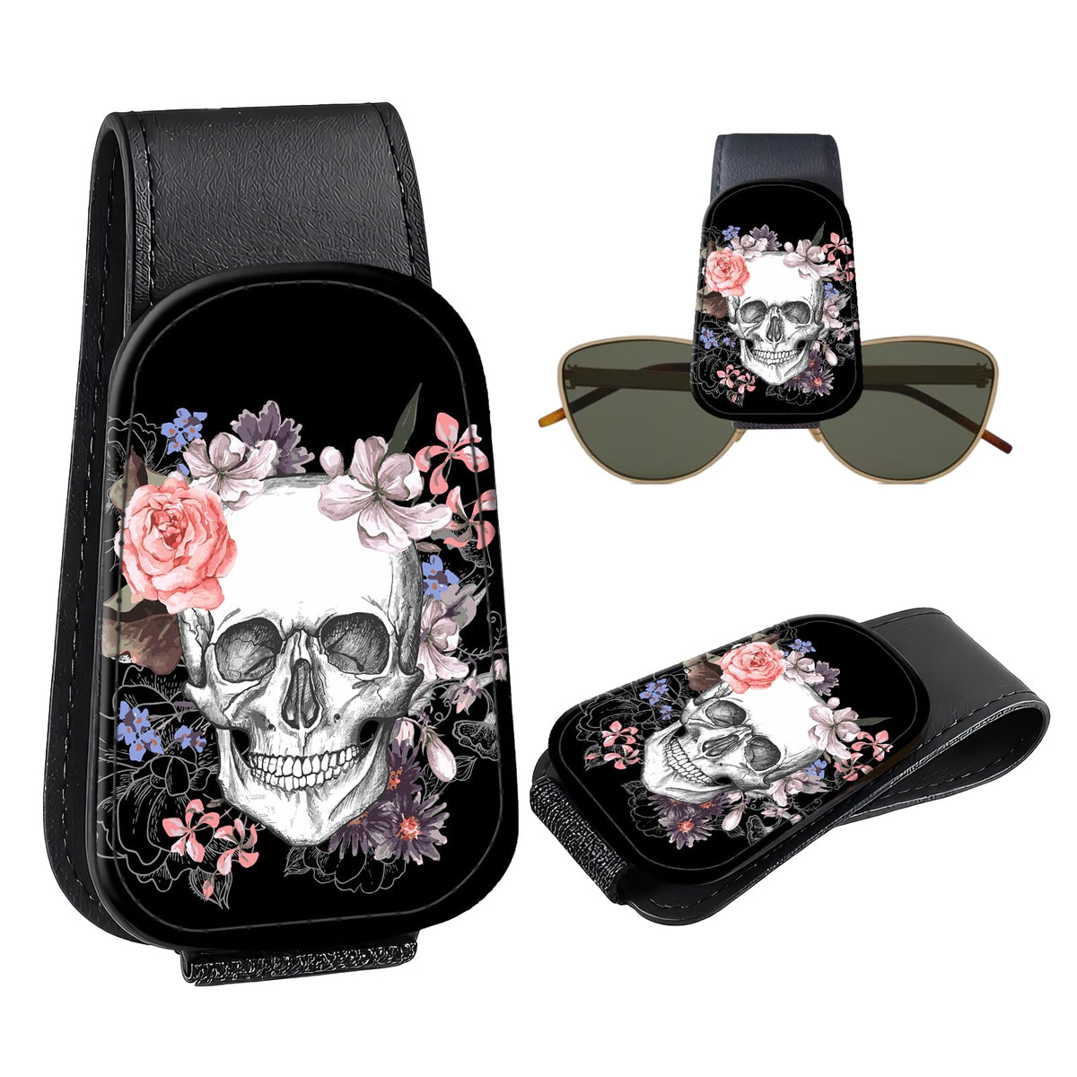 Leather Magnetic Sunglass Holder for Car Sun Visor, Cute Eyeglass Ticket Card Hanger Clip, Universal Auto Interior Accessories for SUV Pickup Truck, Cherry Pattern