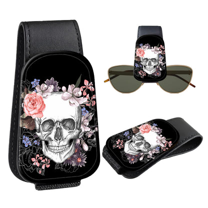 Leather Magnetic Sunglass Holder for Car Sun Visor, Cute Eyeglass Ticket Card Hanger Clip, Universal Auto Interior Accessories for SUV Pickup Truck, Cherry Pattern