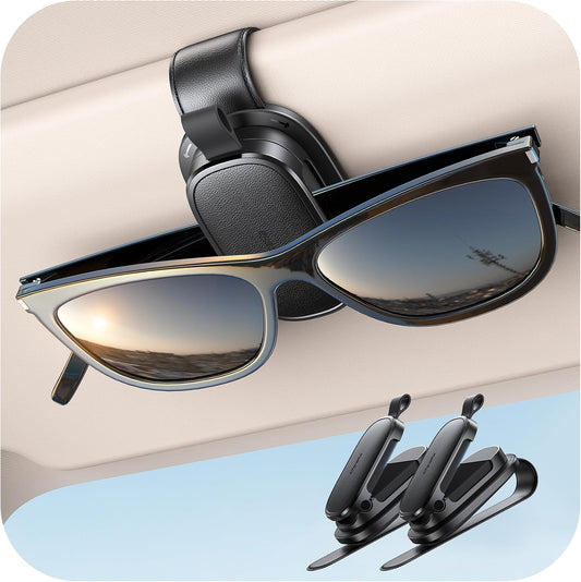 Chfeila 2Pack Sunglass Holder for Car, 360° Rotating & One-Hand Operation Magnetic Glasses Clip, Leather Sun Eyeglass Visor Organizer, Scratch-Free Eyewear Hanger for Car Accessories Gadgets - Black