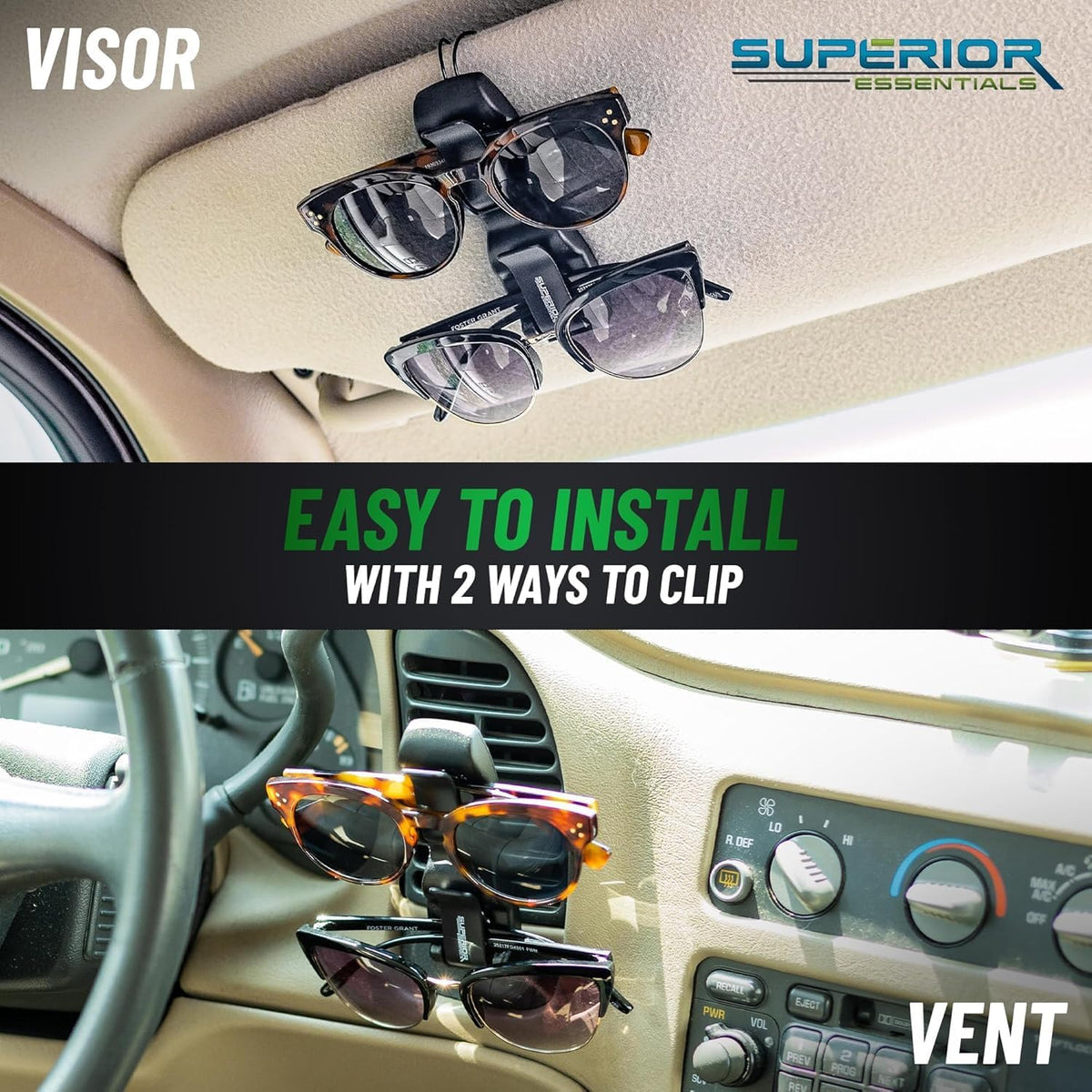 SUPERIOR ESSENTIALS Sunglass Holder for Car Visor Clip - Sun-Glasses Holder and Ticket Card Clips - Car Visor Accessories - Luxury Eyeglass Car Mount (Pack 1)