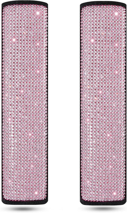 HighnessHwoo Bling Car Seatbelt Covers for Women Girls, Rhinestone Crystal Velvet Seat Belt Cushion Pad Cover Protector, Diamond Shine Safety Shoulder Pad, Car Interior Accessories, 2pcs, Pink, 25cm