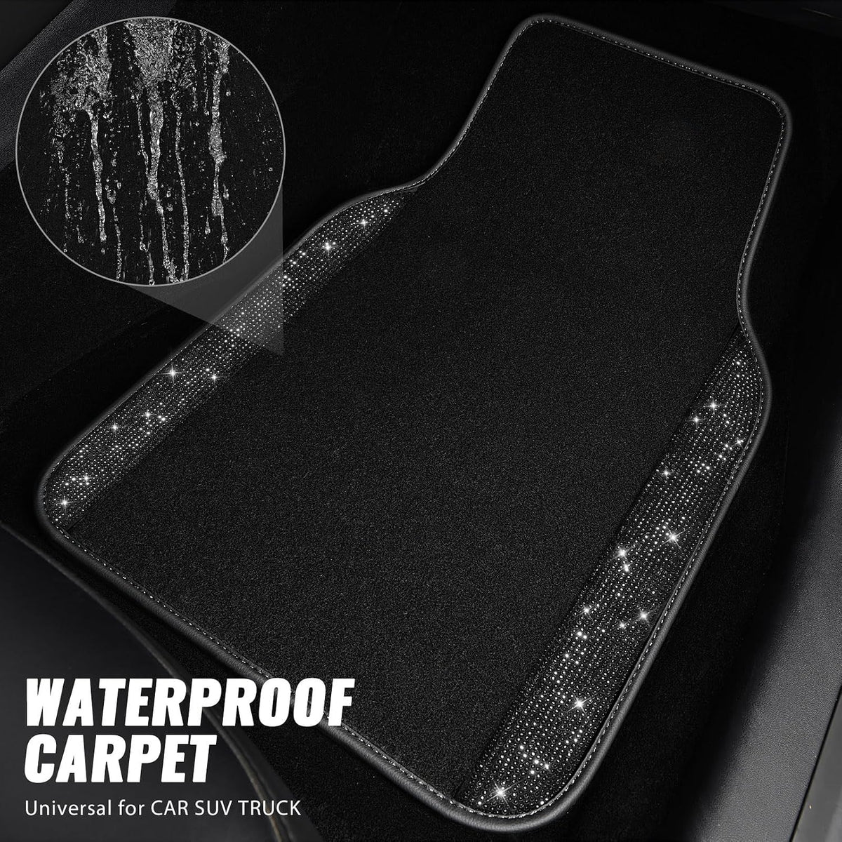 CAR PASS Bling Diamond Car Floor Mats, Sparkling Crystal Shining Glitter Rhinestone Carpet, Anti-Slip PVC Heel Pad Waterproof Universal for Automotive SUV,Sedan,Van,4pcs Girl Women Men Black Diamond