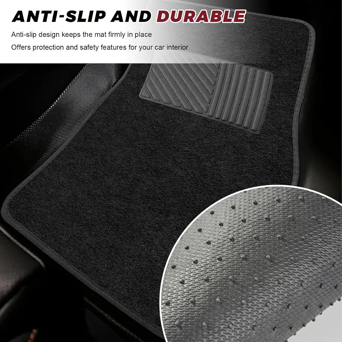 4 PCS Car Floor Mats, Anti-Slip Front & Rear Auto Protective Carpets with Driver Heel Pad, Universal All Weather Floor Mat Classic Matching Heel Pad for Car Truck SUV (Black)