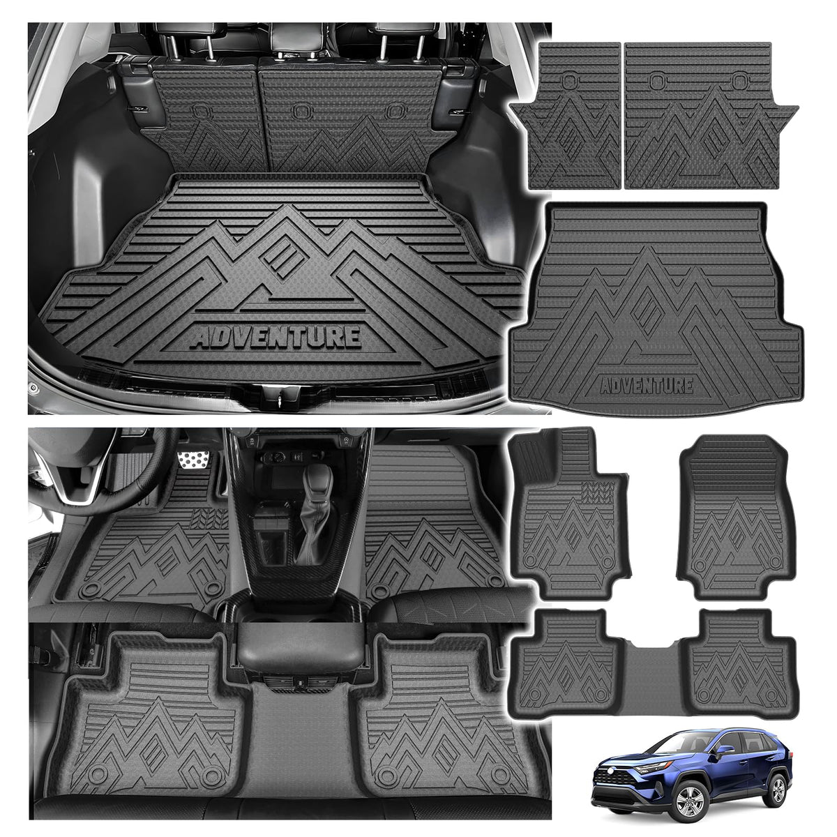 Powerty Floor Mats for 2019-2024 2025 Toyota RAV4 Accessories All Weather Floor Liner 3D TPO 1st & 2nd Row Floor Mat Heavy-Duty Floor Liners(FIT All Models)