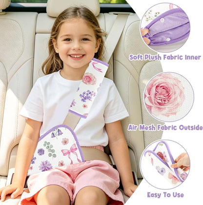 Kids Seat Belt Cover Pads, Pea Pod Children Universal Shoulder & Belly Protective Padding, Breathable Car Seat Strap Cushion Covers for Boys Girls (Floral&Bows)
