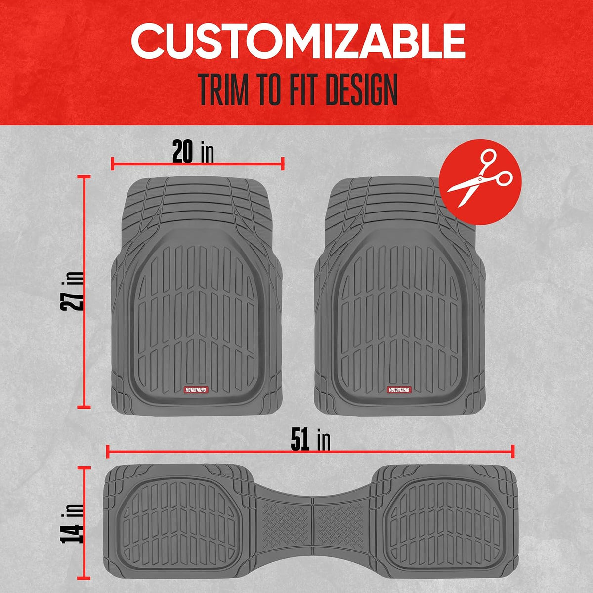 Motor Trend FlexTough Floor Mats for Cars, Gray Deep Dish All-Weather Mats, Waterproof Trim-To Fit Automotive Floor Mats for Trucks SUV, Universal Liner Car Accessories