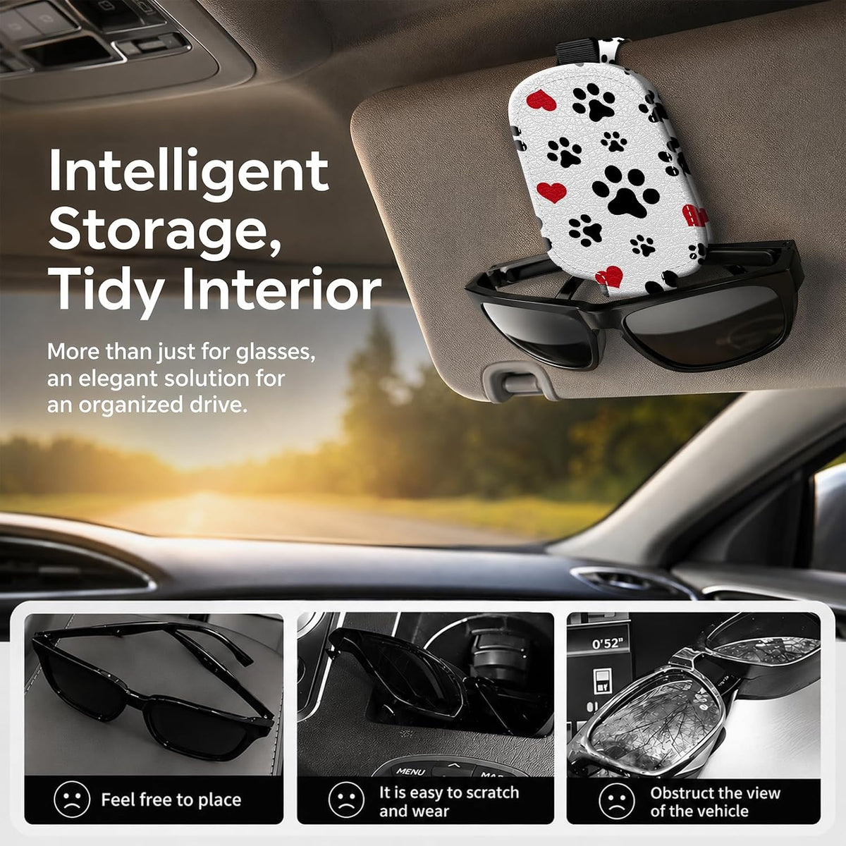 Sunglasses Holder for Car Visor, PU Leather Glasses Clip Organizer, Cute Magnetic Eyeglass Holder for Vehicle Sun Visor, Car Interior Accessory for Women & Men, Paw Hearts