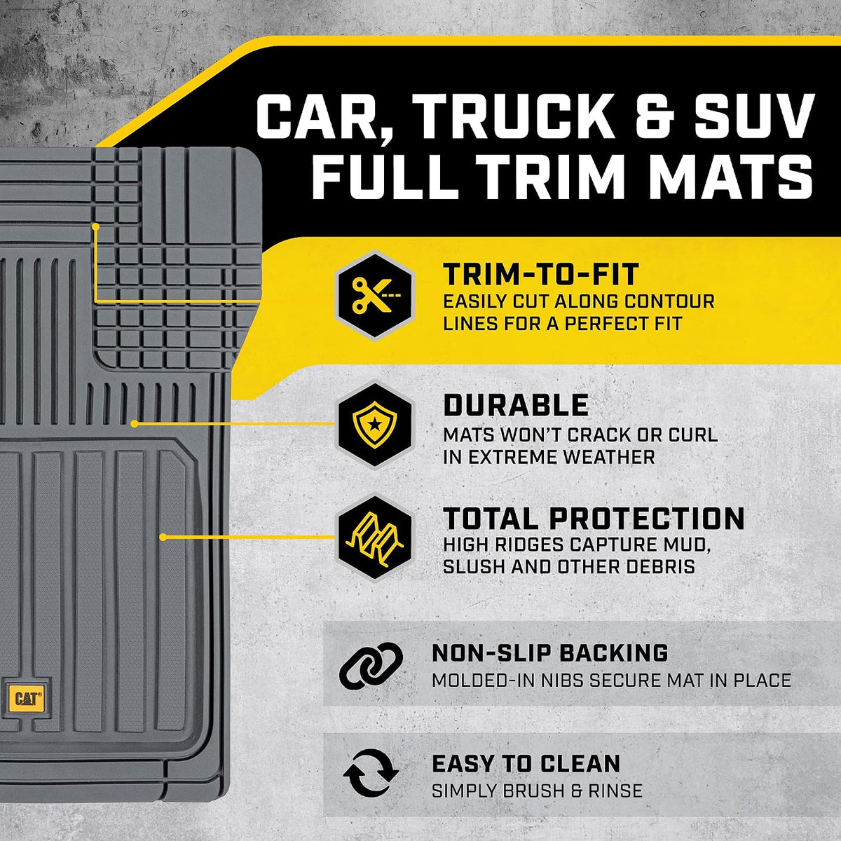 Cat® ToughLiner™ Gray Car Floor Mats - Heavy Duty Trim to Fit Floor Mats for Trucks - All-Weather Truck Accessories & Odorless Rubber Automotive Floor Mats - Car Mats & SUV Floor Liners for Car