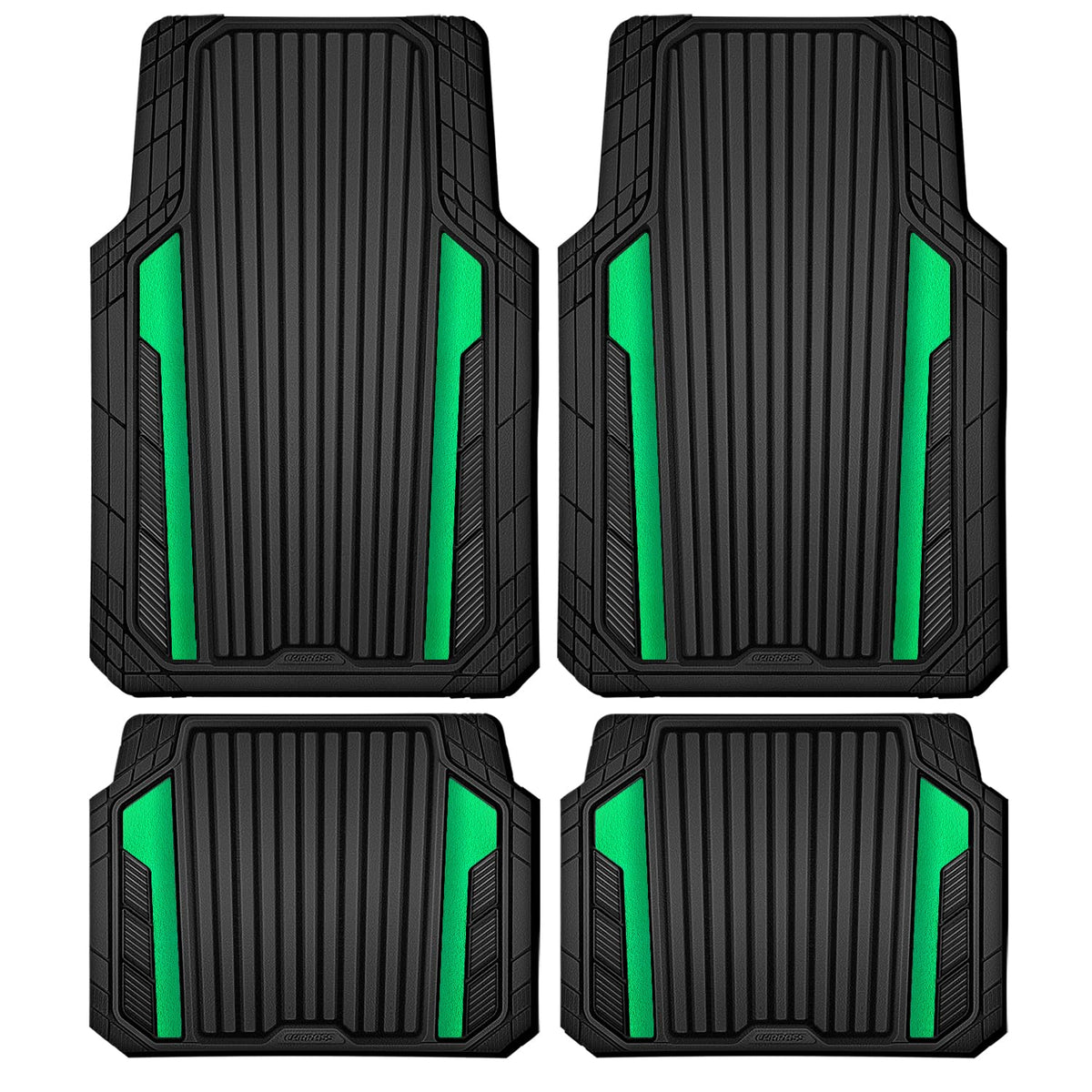 CAR PASS Heavy Duty Rubber Car Mats Metallic,Aluminum Film All Weather Floor Mats Waterproof Universal Trim to Fit Automotive SUV Sedan Van 4 Piece Anodized Deep Dish Two-Tone Sporty Black Blue Chrome