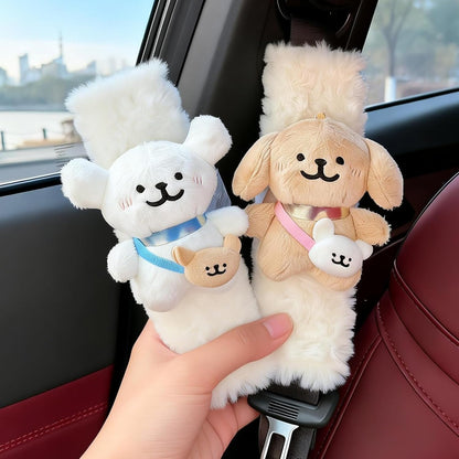 2 PCS Seat Belt Cover Pad, Cute Kawaii Animal Dog Soft Seatbelt Covers for Kids, Womens Seatbelt Cushion, Car Seat Strap Pads (White+Khaki)