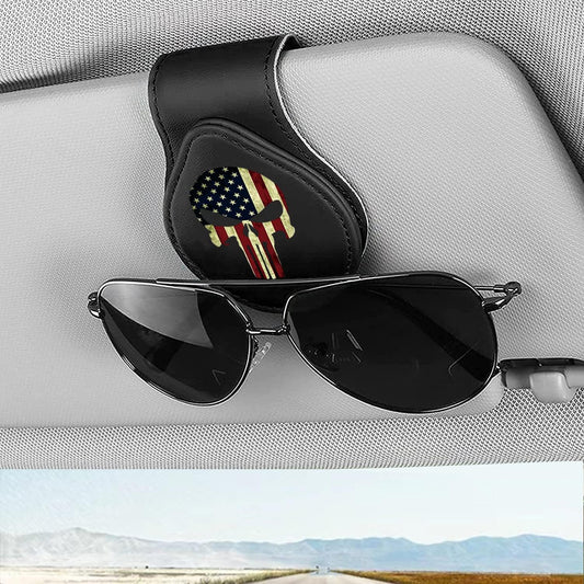 Sunglasses Holder for Car Leather Glasses Frame American Flag Skull