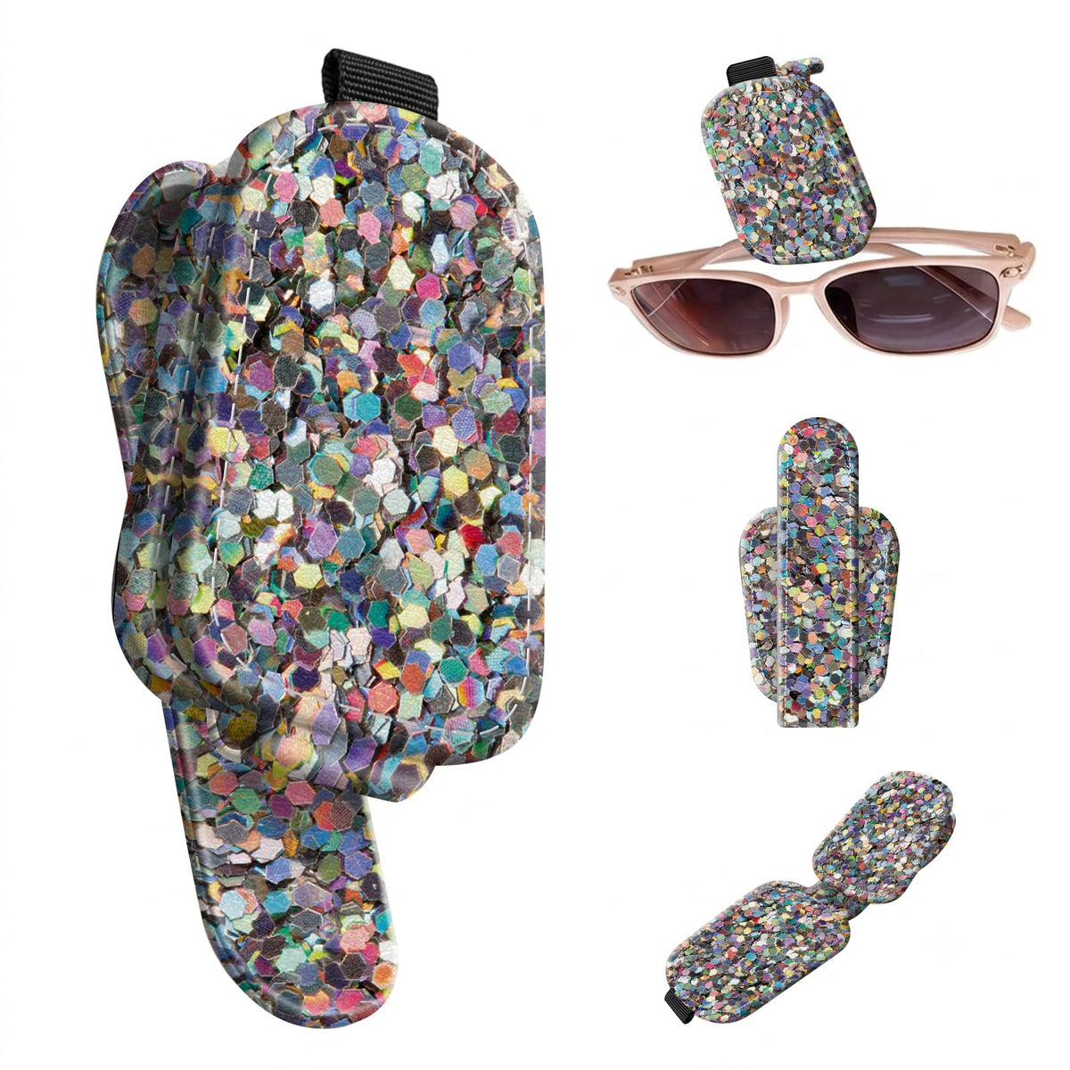 Sunglasses Holder for Car Visor, PU Leather Glasses Clip Organizer, Cute Magnetic Eyeglass Holder for Vehicle Sun Visor, Car Interior Accessory for Women & Men, Glitter