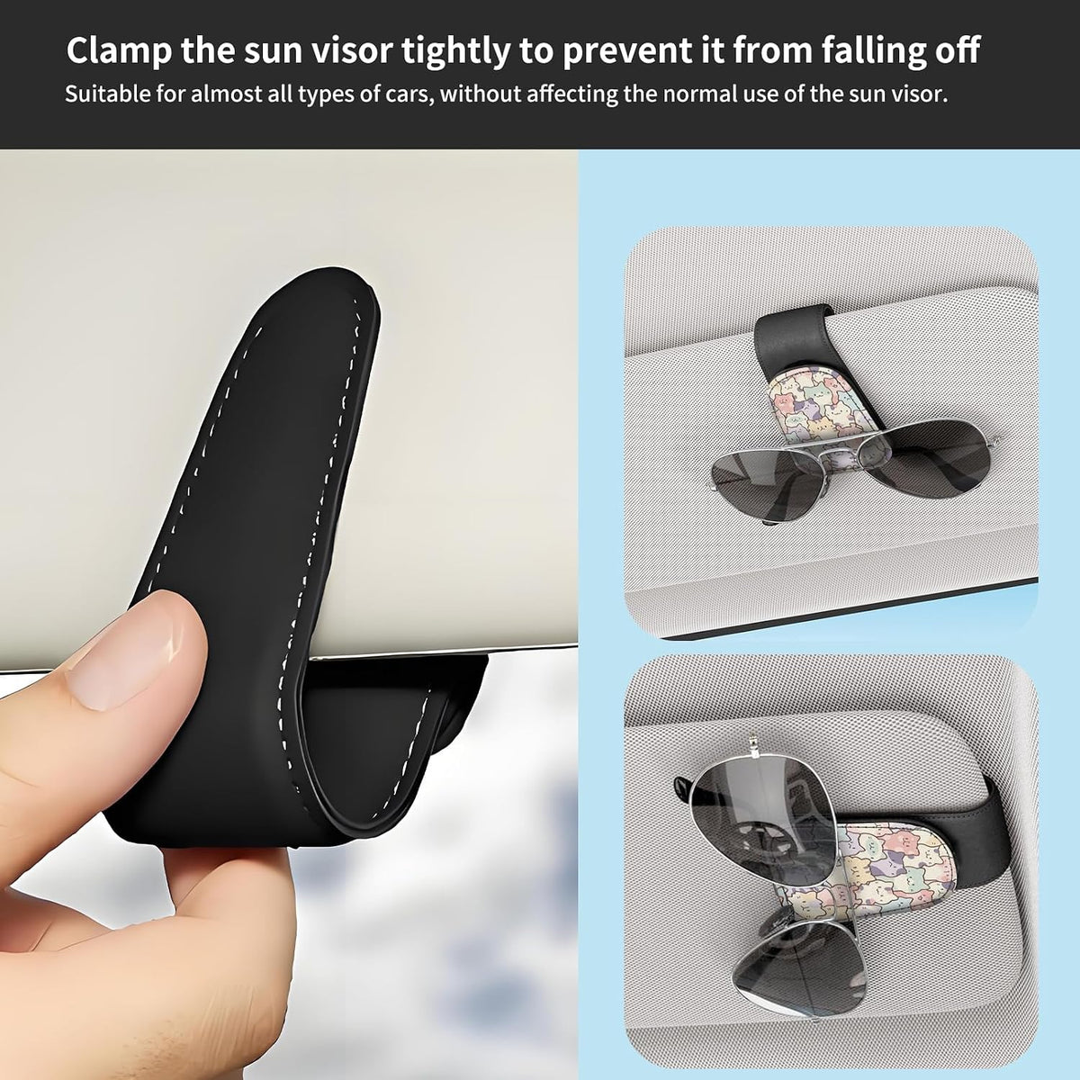 Sunglasses Holder for Car Visor, PU Leather Glasses Clip Organizer, Cute Magnetic Eyeglass Holder for Vehicle Sun Visor, Car Interior Accessory for Women & Men Pastel Cat Stack