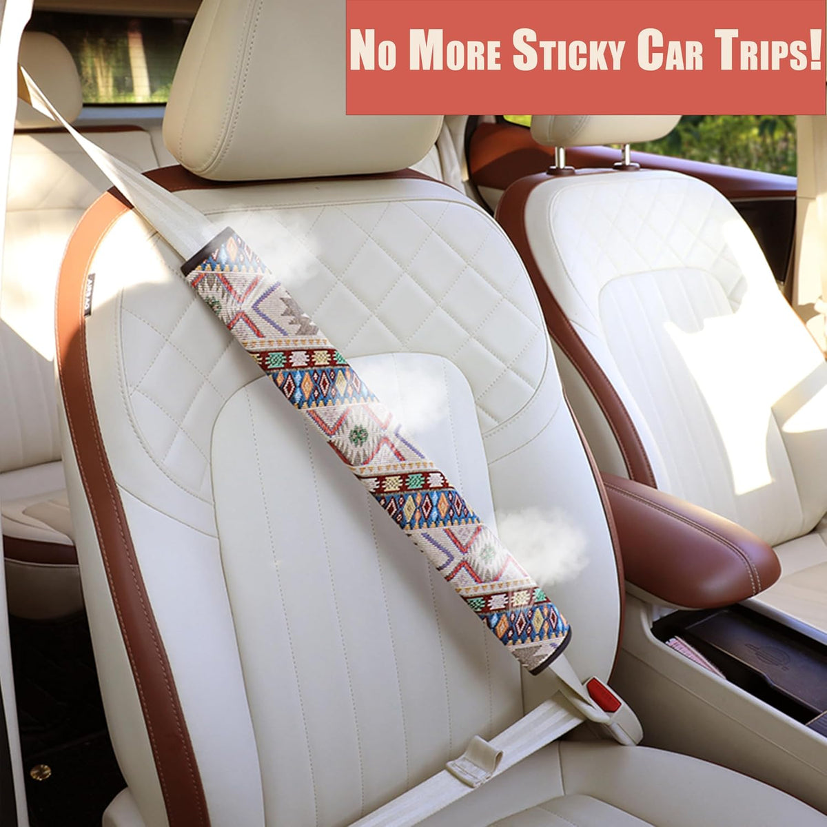 Boho Linen Seat Belt Covers 2 Pack - 19.6" Extra Long Car Shoulder Pads, Natural Breathable Fabric Strap Protector to Prevent Clothes Pilling & Friction, Aesthetic Gift for Women, Family & Friends