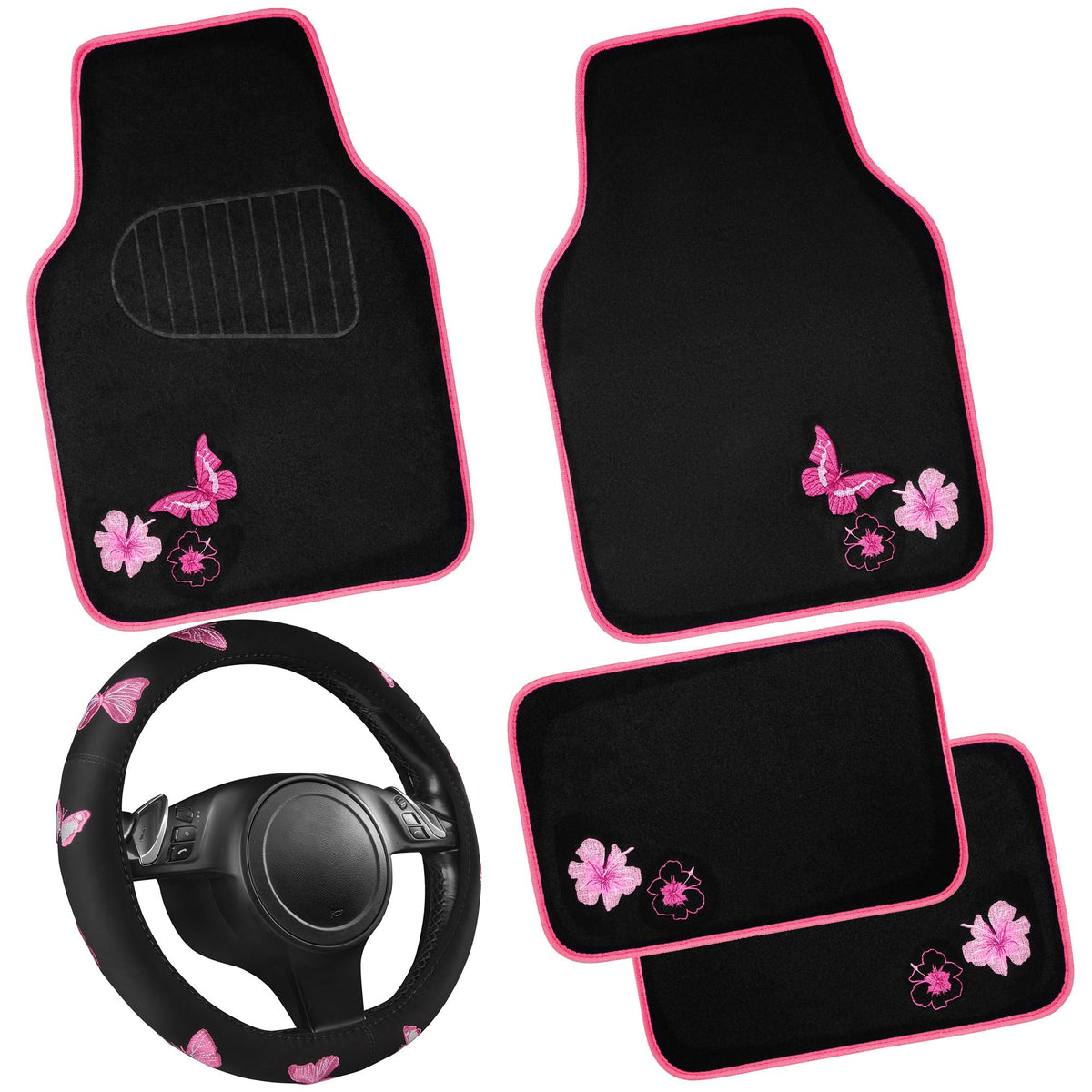 CAR PASS Embroidery Butterfly and Flower Car Floor Mats, Pink Car Floor Mats Universal Fit 95% Automotive,SUVS,Sedan,Vans,for Cute Women,Girly,Set of 4 (Black with Pink)