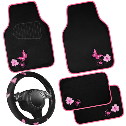 CAR PASS Embroidery Butterfly and Flower Car Floor Mats, Pink Car Floor Mats Universal Fit 95% Automotive,SUVS,Sedan,Vans,for Cute Women,Girly,Set of 4 (Black with Pink)