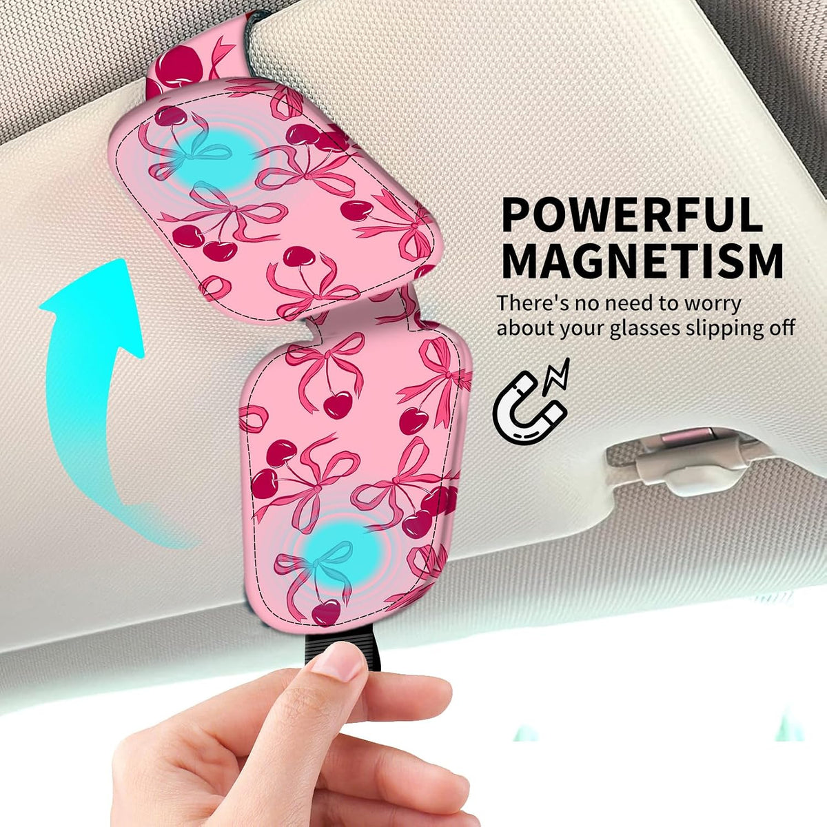Leather Magnetic Sunglass Holder for Car Sun Visor, Cute Eyeglass Ticket Card Hanger Clip, Universal Auto Interior Accessories for SUV Pickup Truck Pink Bow