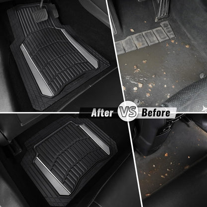 CAR PASS Heavy Duty Rubber Car Floor Mats, Deep Waterproof Car Floor Mats All Weather, Aluminum Film Floor Mats for Cars Non-Slip Universal Trim to Fit for SUVs Trucks Sedans Vans, Black Grey Metallic