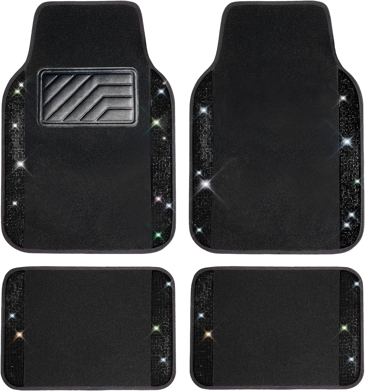CAR PASS Bling Diamond Car Floor Mats, Sparkling Crystal Shining Glitter Rhinestone Carpet, Anti-Slip PVC Heel Pad Waterproof Universal for Automotive SUV,Sedan,Van,4pcs Girl Women Men Black Diamond