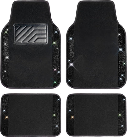 CAR PASS Bling Diamond Car Floor Mats, Sparkling Crystal Shining Glitter Rhinestone Carpet, Anti-Slip PVC Heel Pad Waterproof Universal for Automotive SUV,Sedan,Van,4pcs Girl Women Men Black Diamond