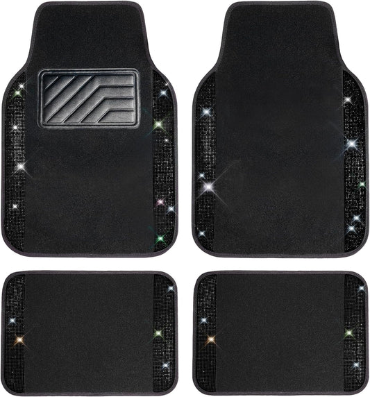 CAR PASS Bling Diamond Car Floor Mats, Sparkling Crystal Shining Glitter Rhinestone Carpet, Anti-Slip PVC Heel Pad Waterproof Universal for Automotive SUV,Sedan,Van,4pcs Girl Women Men Black Diamond