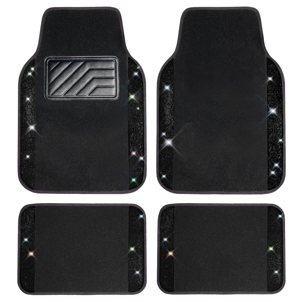 CAR PASS Bling Diamond Car Floor Mats, Sparkling Crystal Shining Glitter Rhinestone Carpet, Anti-Slip PVC Heel Pad Waterproof Universal for Automotive SUV,Sedan,Van,4pcs Girl Women Men Black Diamond