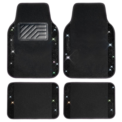 CAR PASS Bling Diamond Car Floor Mats, Sparkling Crystal Shining Glitter Rhinestone Carpet, Anti-Slip PVC Heel Pad Waterproof Universal for Automotive SUV,Sedan,Van,4pcs Girl Women Men Black Diamond