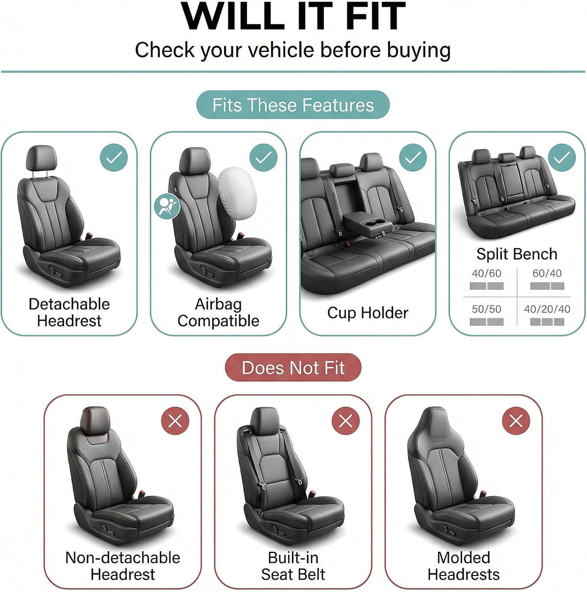 Automotive Seat Covers Beige Black Universal Fit Seat Cover Combo Set with Steering Wheel Cover and Seat Belt Pad (Airbag Compatible and Split Bench)