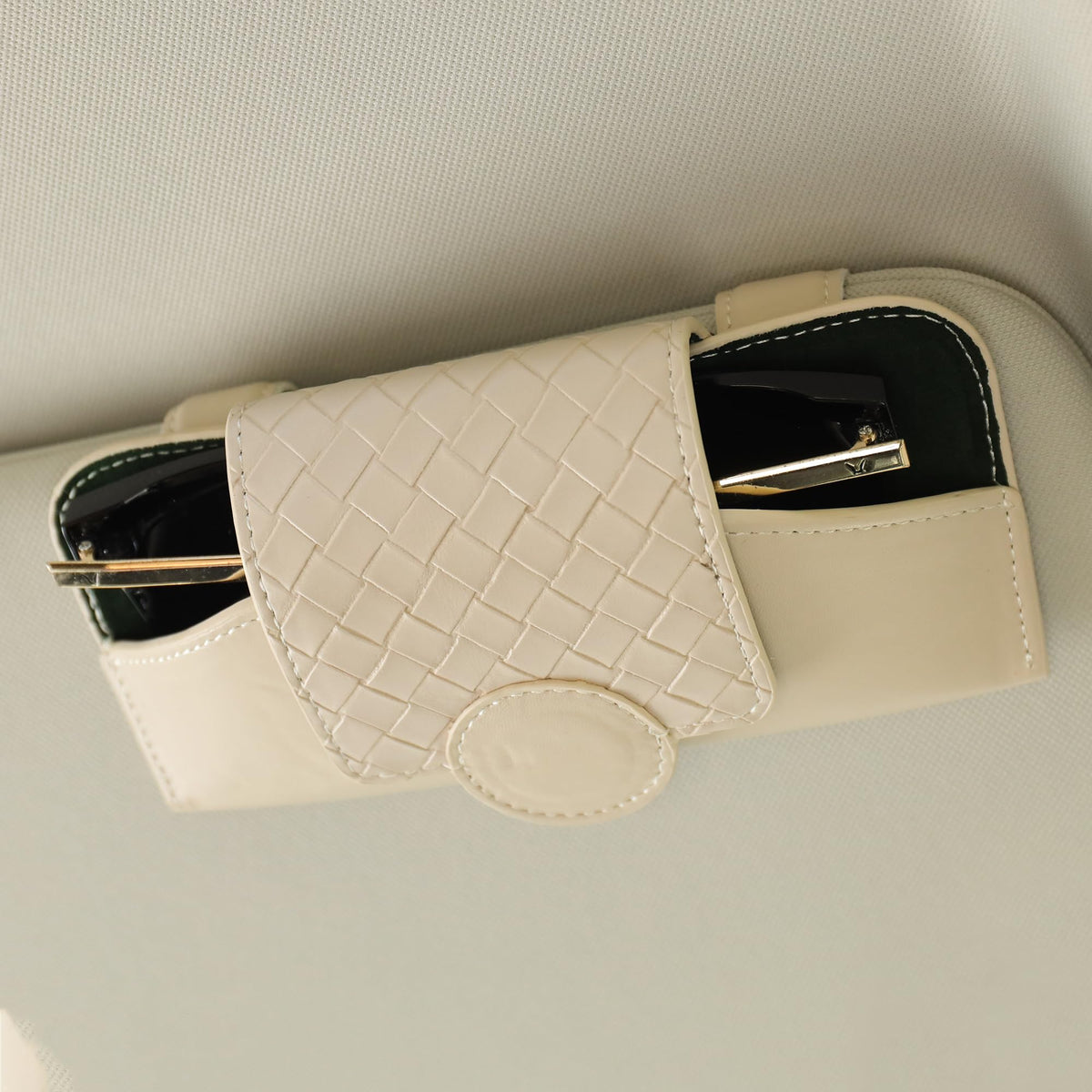 KINIVA Sunglasses Holder for Car Visor Leather Glasses Case with Clips for Car Visor Automotive Interior Visor Accessories Apply to All Car Models (09 Beige)