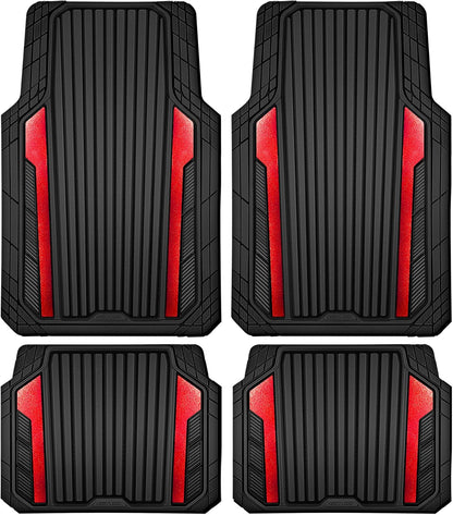 CAR PASS Heavy Duty Rubber Car Mats Metallic, Aluminum Film All Weather Floor Mats Waterproof Universal Trim to Fit Automotive SUV Sedan Van 4 Piece Anodized Deep Dish Two-Tone Sporty Black Red Chrome