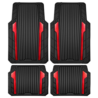 CAR PASS Heavy Duty Rubber Car Mats Metallic, Aluminum Film All Weather Floor Mats Waterproof Universal Trim to Fit Automotive SUV Sedan Van 4 Piece Anodized Deep Dish Two-Tone Sporty Black Red Chrome