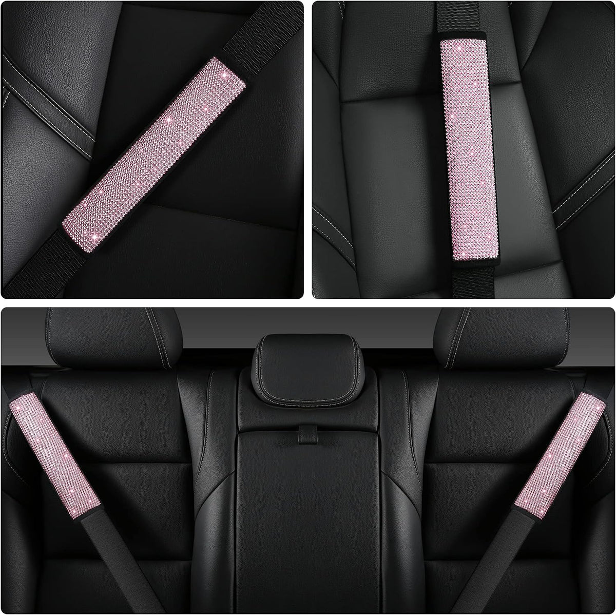 HighnessHwoo Bling Car Seatbelt Covers for Women Girls, Rhinestone Crystal Velvet Seat Belt Cushion Pad Cover Protector, Diamond Shine Safety Shoulder Pad, Car Interior Accessories, 2pcs, Pink, 25cm