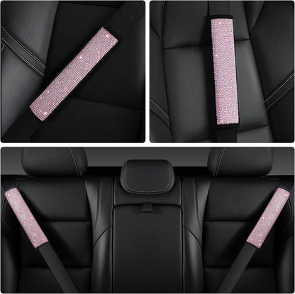 HighnessHwoo Bling Car Seatbelt Covers for Women Girls, Rhinestone Crystal Velvet Seat Belt Cushion Pad Cover Protector, Diamond Shine Safety Shoulder Pad, Car Interior Accessories, 2pcs, Pink, 25cm