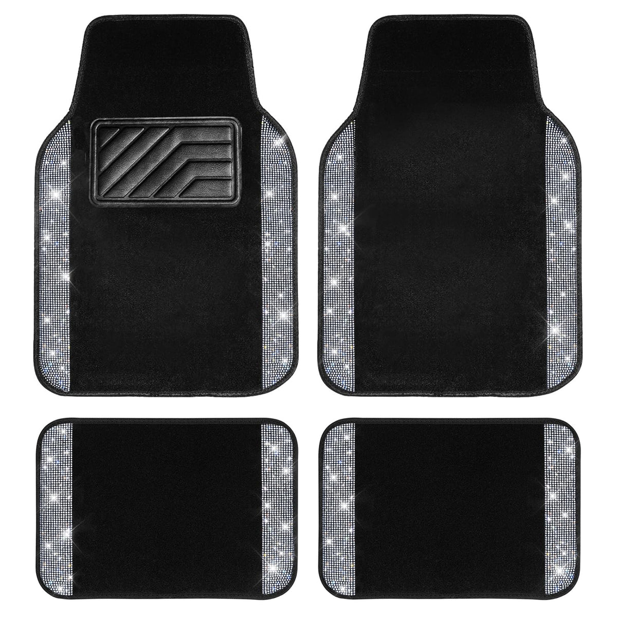 CAR PASS Bling Diamond Car Floor Mats, Sparkling Crystal Shining Glitter Rhinestone Carpet, Anti-Slip PVC Heel Pad Waterproof Universal for Automotive SUV,Sedan,Van,4pcs Girl Women Men Black Diamond