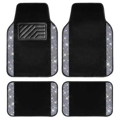 CAR PASS Bling Diamond Car Floor Mats, Sparkling Crystal Shining Glitter Rhinestone Carpet, Anti-Slip PVC Heel Pad Waterproof Universal for Automotive SUV,Sedan,Van,4pcs Girl Women Men Black Diamond